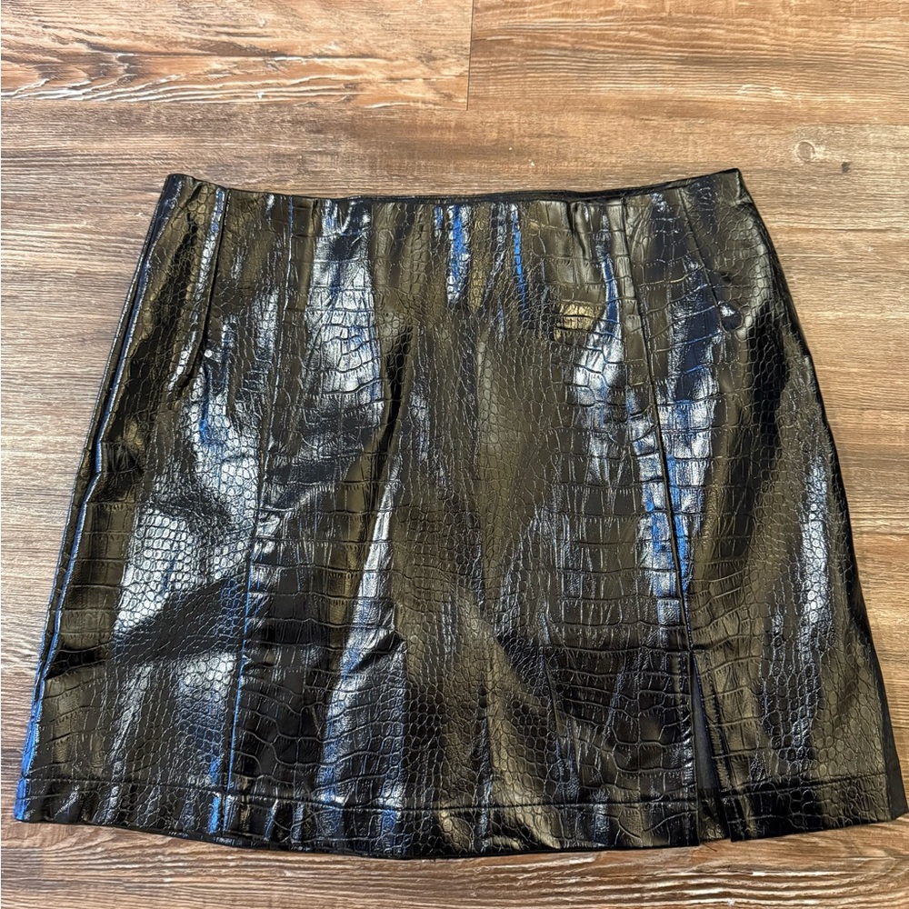 Black Faux Leather Croc-Embossed Skirt